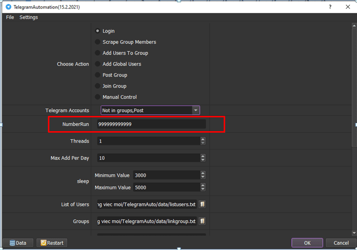 Number of times to run TelegramAutomation - Telegram Member Adder 