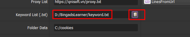 Keyword settings - BingAdsLearner tool