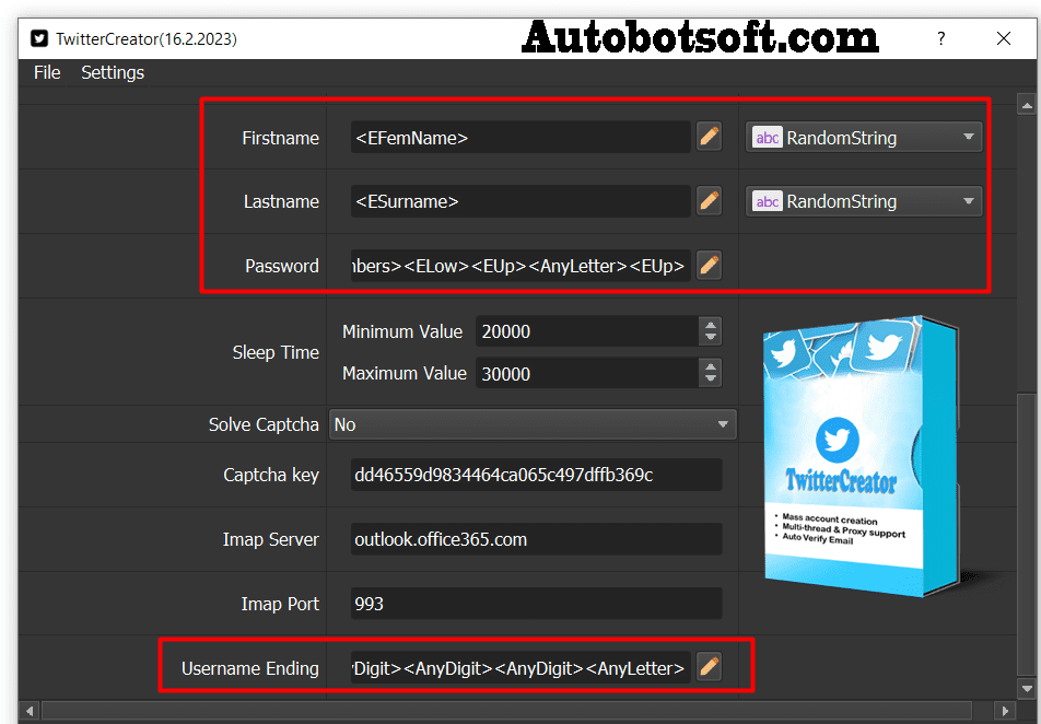 Customize the username and password - Twitter creator tool
